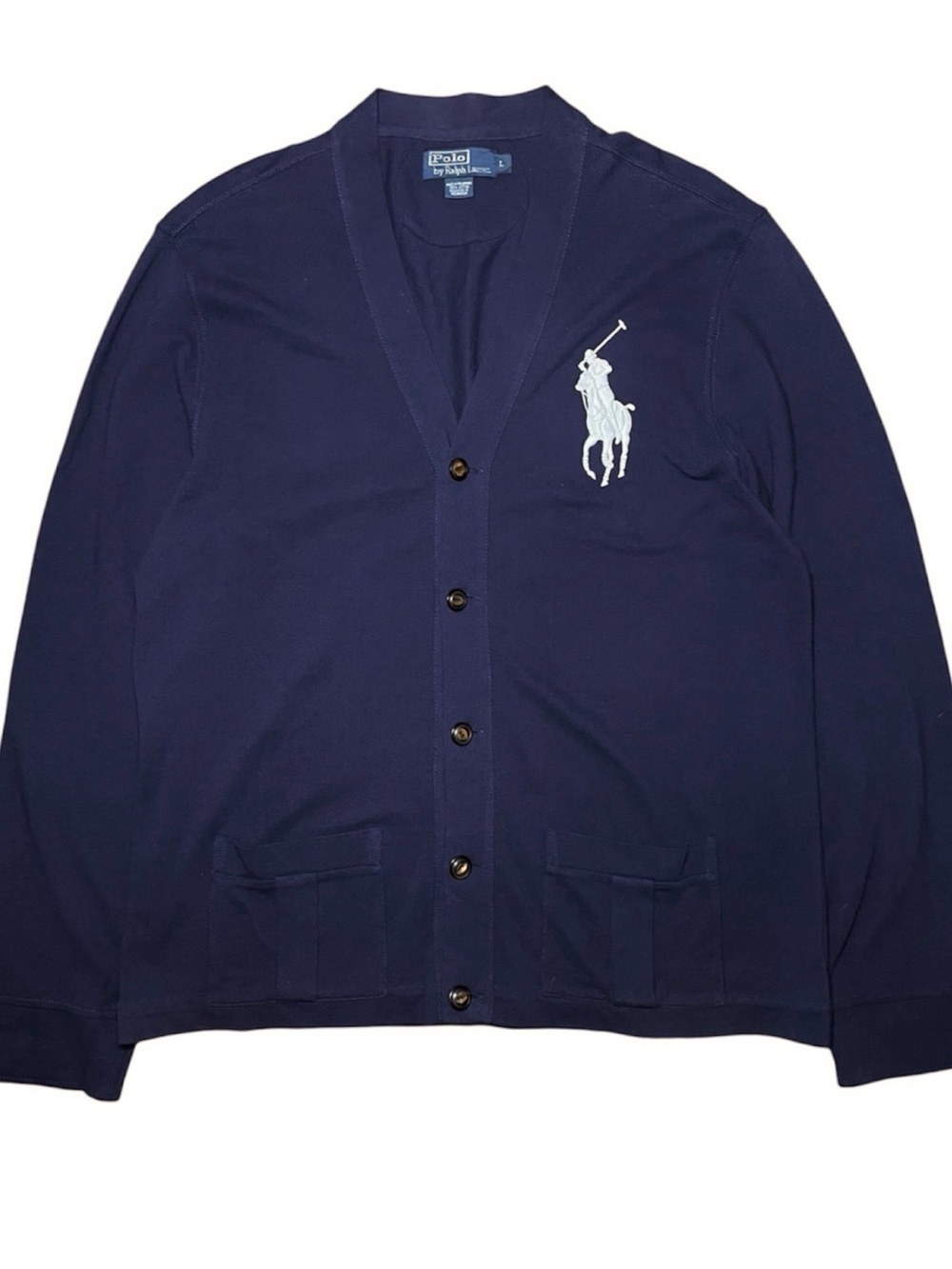 Vintage POLO Ralph Lauren Big Pony Cardigan Sweater Mens Large Navy Blue Cotton